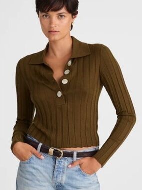 Madewell Olive Green Ribbed Button Polo Sweater